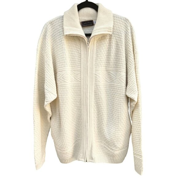 Comfort Knits Mens Vintage Ivory Full-Zip Basketweave Grandpa Cardigan Sweater L - Picture 1 of 9